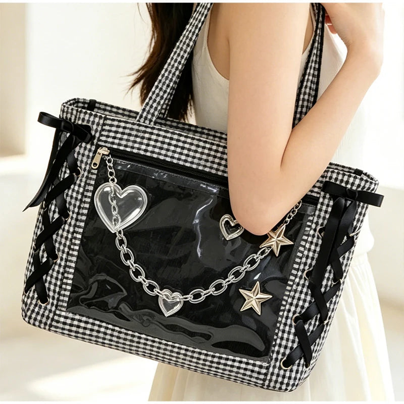 Sweet College Style Ribbon Ita Bag Women Fashion Shoulder Bags Large Capacity Tote Bag For Daily Commuting Transparent Handbag