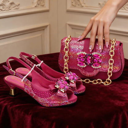 Nigerian Heel Party for Women Gold Color Shoes and Bag Set Rhinestone Handbag Italian Design Wedding Pumps Women Shoes Luxury
