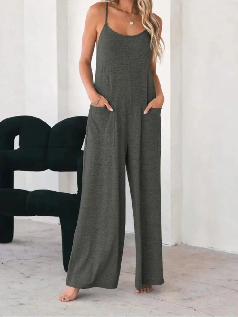 Plus Size Casual Sleeveless Jumpsuit Spaghetti Strap Loose Wide Leg Pocketed Beach Vacation Romper for Women