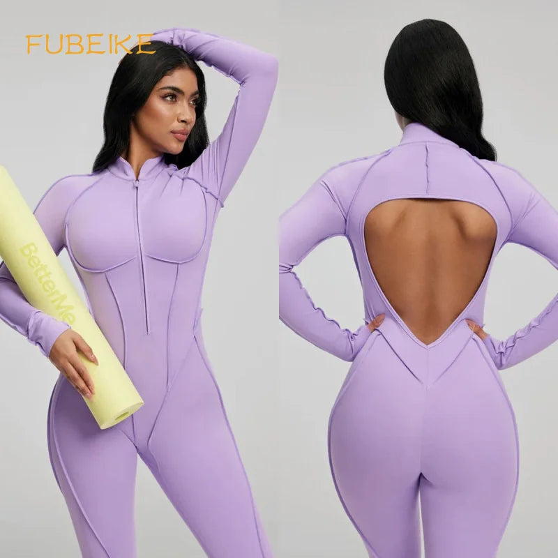 FUBEIKE Women's Yoga Set Fashion Sexy Slim Fit Long Sleeve Zipper Sports Gym Workout Legging Bodysuits Outdoor Activewear