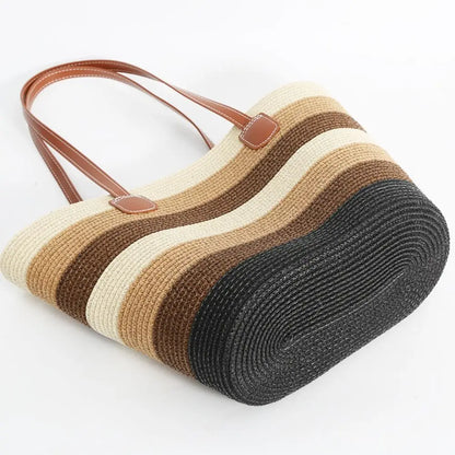 Fashion Straw Tote Bag Stripe Large Capacity Woven Shoulder Bag Square Zipper Woven Hat Vacation Top-Handle Bags
