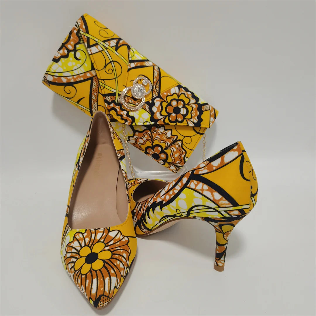 Fashion African Women Wedding Party Wax Shoes and Bag to Match Nigeria Ankara Style Print Shoes Bag Set F1110-1