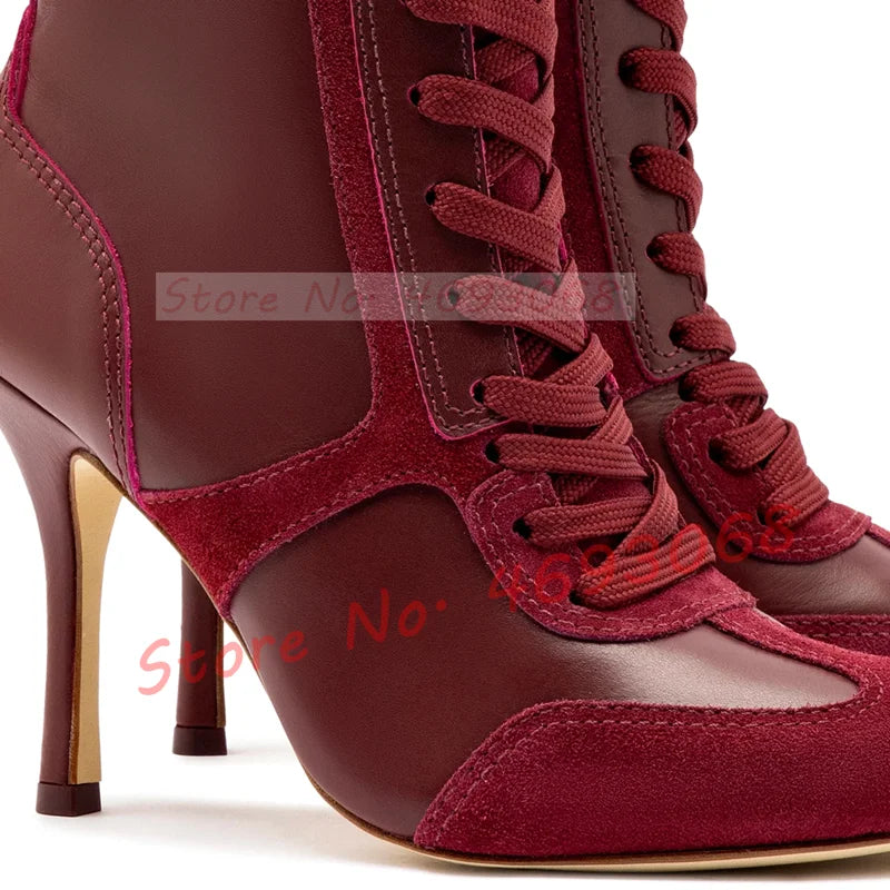 Grey White Splicing Suede Sneaker Boots Women Chic Round Toe Mixed Color High Heels Shoes Women Newest Lace Up Party Ankle Boots