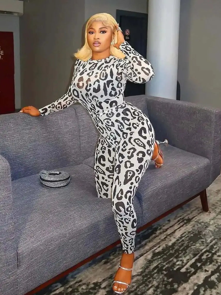 Weird Puss See Through Leopard 2-Piece Set Women o-Neck t-Shirt+Tight Trousers Matching Fashion Sexy Hottie Stretch Slim Outfits