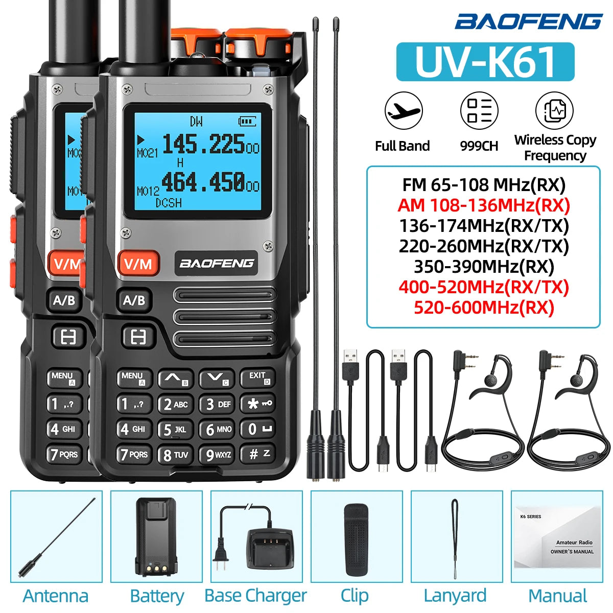 1/2PCS Baofeng UV-K61 Walkie Talkie Multi Band Wireless Copy Frequency 999CH Type-C AM DTMF NOAA UV-5R UV 5RH K6 K5(8) Ham Radio