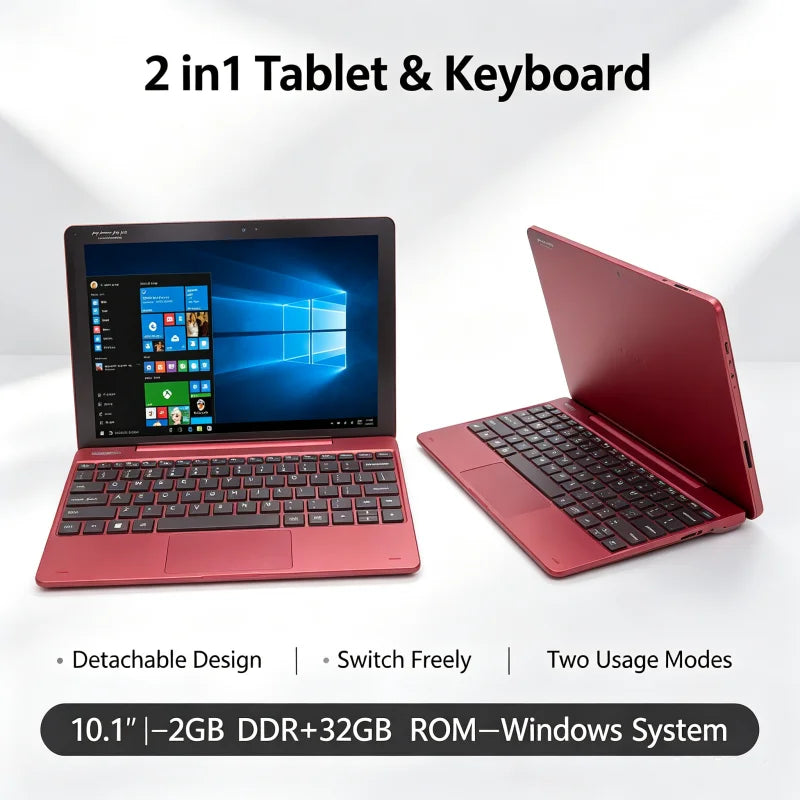 Detachable 2 in 1 RE101 10.1' Windows Laptop Tablet, Intel X5-Z8350, 2GB DDR 32GB ROM HD IPS Screen Dual Camera, HDMI-Compatible