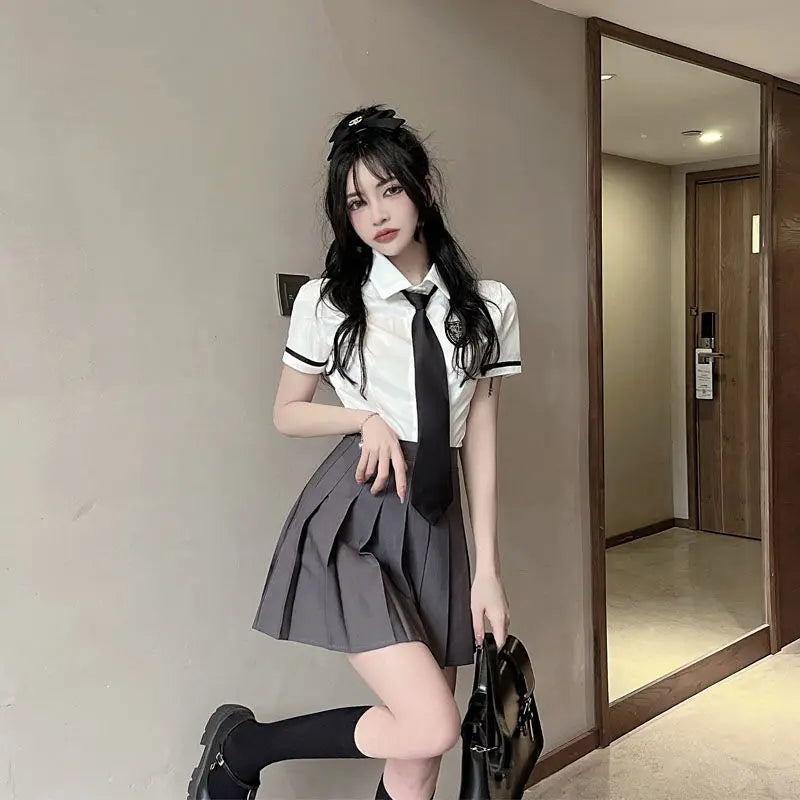 2025 improved daily jk uniform summer new white short/long sleeve shirt + pleated skirt jk uniform two-piece set for women w237