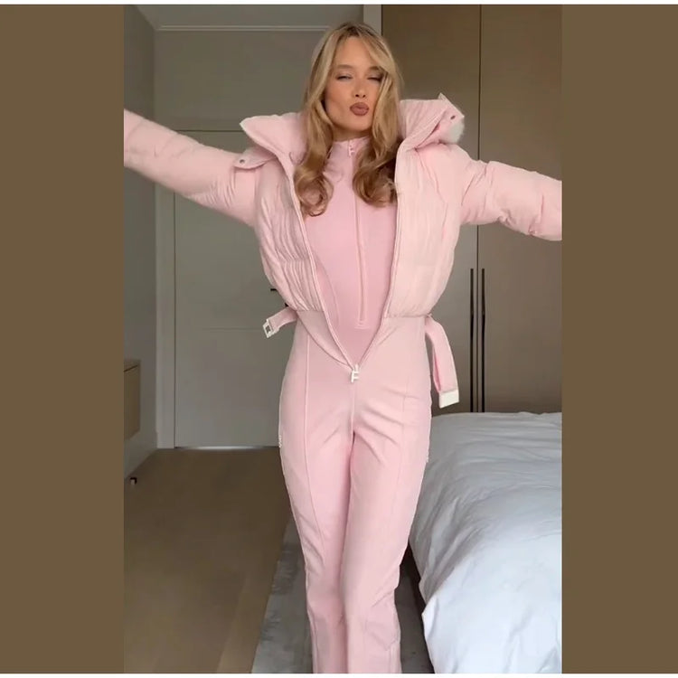 Fashion Women's Skiwear Jumpsuit Waterproof Design Long Sleeve Slim Female Jumpsuits 2026 Winter Outdoor Thicken Lady Suits