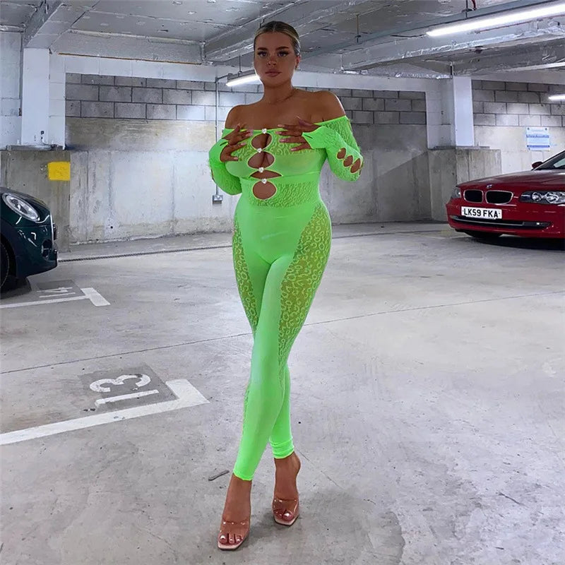 Sexy Deep V Neck Cut Out Mesh Hollow Out Slim Jumpsuit Women Print Long Sleeve Button See Through Pencil Pants One Piece Rompers