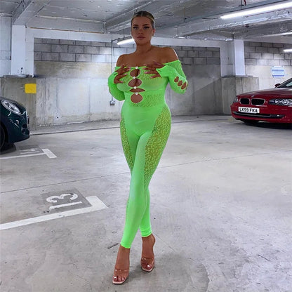 Sexy Deep V Neck Cut Out Mesh Hollow Out Slim Jumpsuit Women Print Long Sleeve Button See Through Pencil Pants One Piece Rompers
