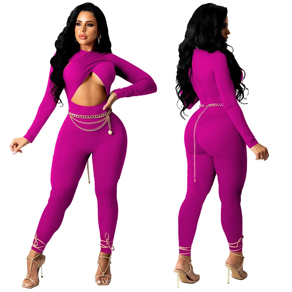 CM.YAYA Women Hollow Out Cross Sexy Party Clubwear Long Sleeve Jumpsuits 2024 Winter Autumn Street Crop One Piece Suit Rompers