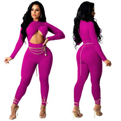 CM.YAYA Women Hollow Out Cross Sexy Party Clubwear Long Sleeve Jumpsuits 2024 Winter Autumn Street Crop One Piece Suit Rompers