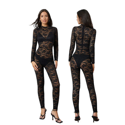 2026 Women's Sexy and Elegant Summer New Sexy Hot Black Lace Jacquard Hollow See-Through Long Sleeve Slim Jumpsuit