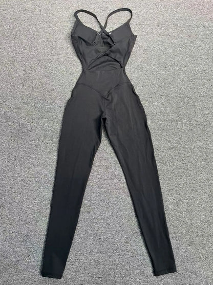 New Nylon Pad V-Neck Wrap Yoga Bodysuit - Adjustable Hook Tummy Control Butt Lift Workout Jumpsuit