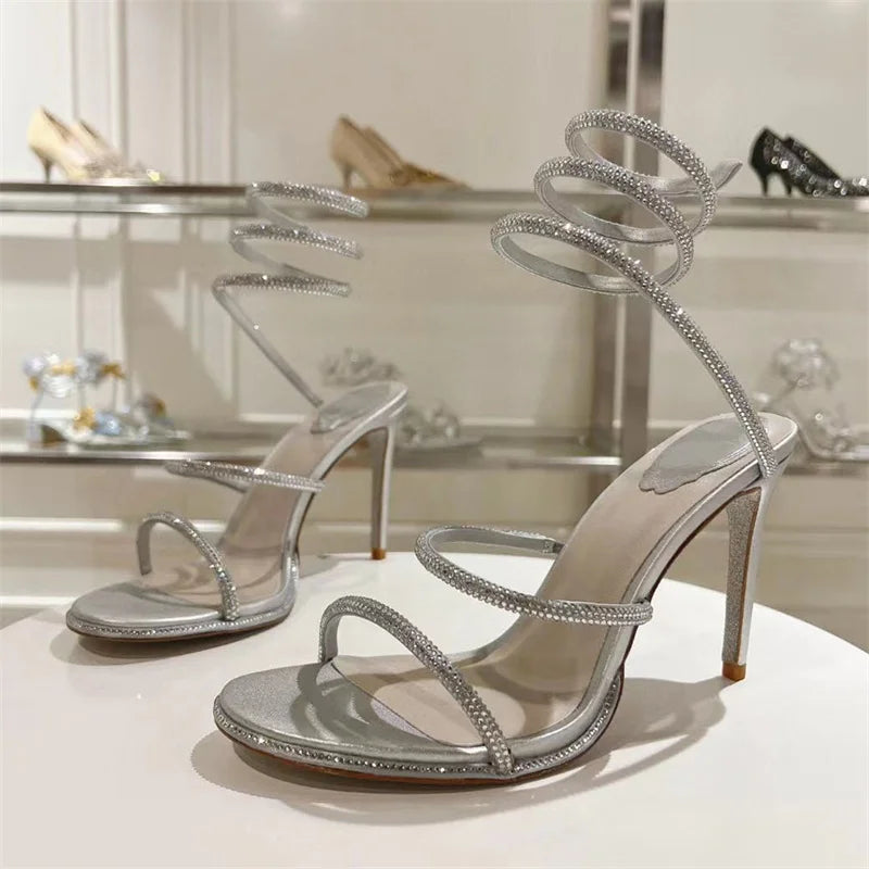 Summer Crystal Gladiator Sandals Women Rhinestone Twine Around Ankle Snake Wedding Shoes High Heels Sandals Woman