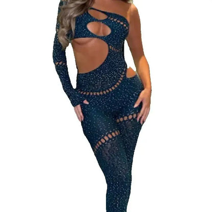 Whatiwear Rhinestones Patchwork Jumpsuit Women Sexy Hollow Skew Collar Single Sleeve Hottie Midnight Club Party Coquett Overalls