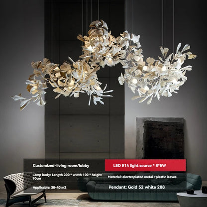 Ginkgo Leaves Loft Hanging Chandelier Light For High Ceiling Staircase Living Dining Room Modern White Porcelain Leaf Chandelier