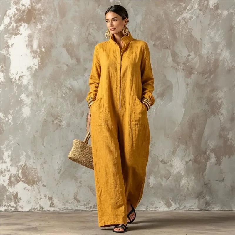 Women's Spring Autumn Long Sleeved Jumpsuit With Pockets Simple Solid Button Half Open Design Loose Jumpsuits Ladies Casual Wear