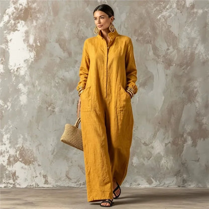 Women's Spring Autumn Long Sleeved Jumpsuit With Pockets Simple Solid Button Half Open Design Loose Jumpsuits Ladies Casual Wear