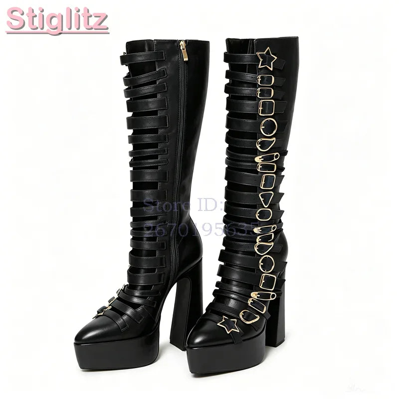 Blue Velvet Irregular Buckle Knee-high Boots Pointed  Toe Side Zipper Chunky High Heels Boots 2026 Summer New Women Punk Shoes