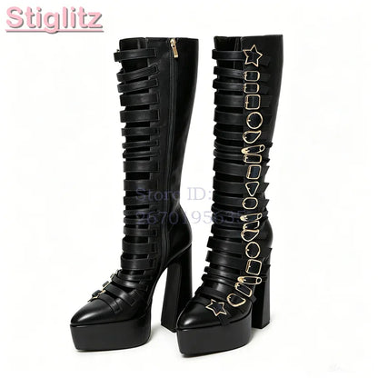 Blue Velvet Irregular Buckle Knee-high Boots Pointed  Toe Side Zipper Chunky High Heels Boots 2026 Summer New Women Punk Shoes