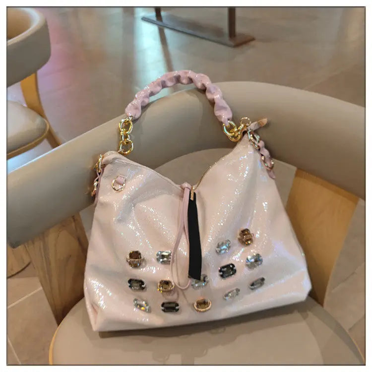 2026 New Fashion Diamonds Women Handbags Genuine Leather Tote Bag Large Capacity Work Commute Leisure Versatile Shoulder Bags