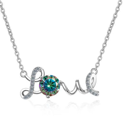 1CT 925Silver Cursive Love Letter Single Stone Pendant Necklace Round Cut D VVS1 Multi Color Moissanite Love Gift Fine Jewelry