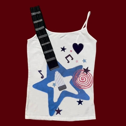 Women's Y2K Punk Sling Vest Retro Electric Guitar Star Print Sleeveless Camisole Indie Rock Street Casual Tank Top