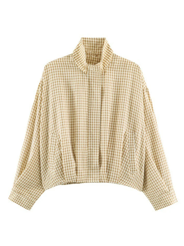 Women Casual Plaid Short Trench Coat Lapel Double Breasted Belted Waist Loose Long Sleeve Checkered Jacket Autumn Windbreaker