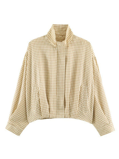 Women Casual Plaid Short Trench Coat Lapel Double Breasted Belted Waist Loose Long Sleeve Checkered Jacket Autumn Windbreaker
