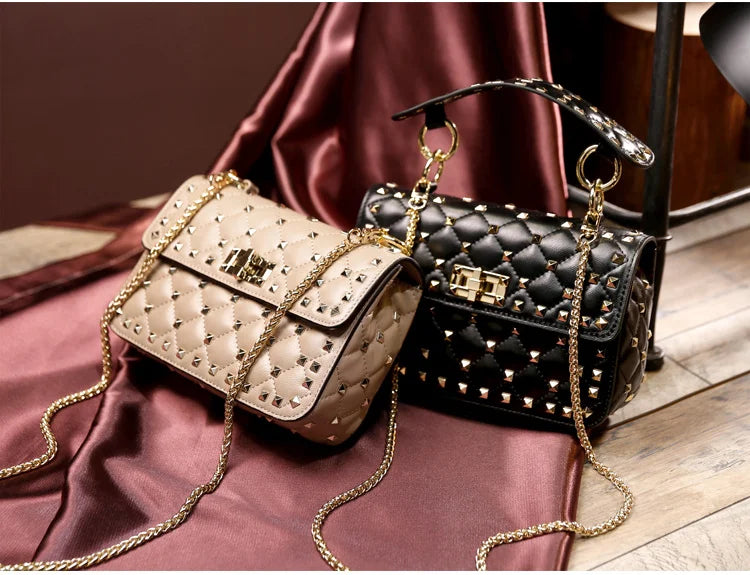 2026 New Fashion Women Sheepskin Leather Rivet Handbags Chain Bag Designer Shoulder Bags Luxury Woman Messenger Bags