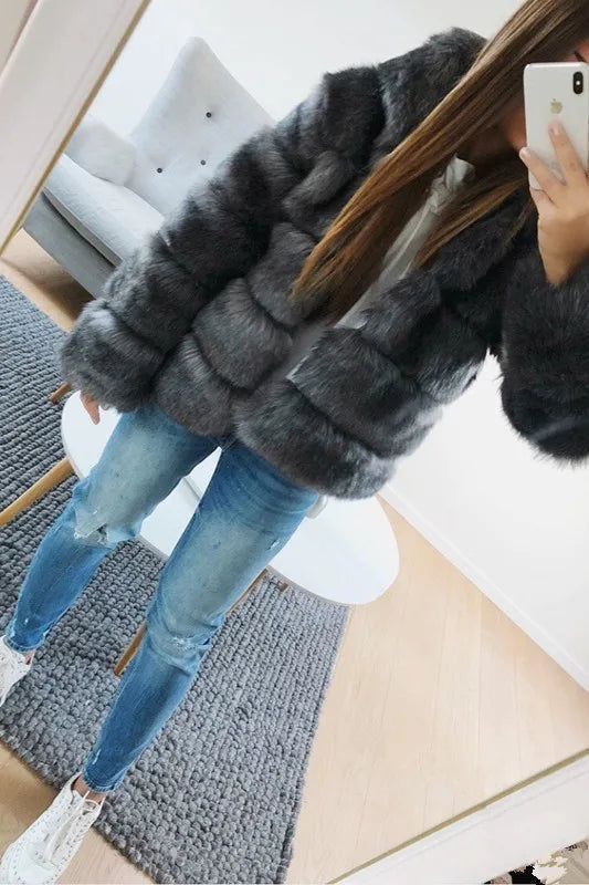 Fashion Winter Women Imitation Fox Fur Jacket Hooded Loose Long Sleeves Female Eco Fur Coat Patchwork Plush Thick Lady Fur Coat