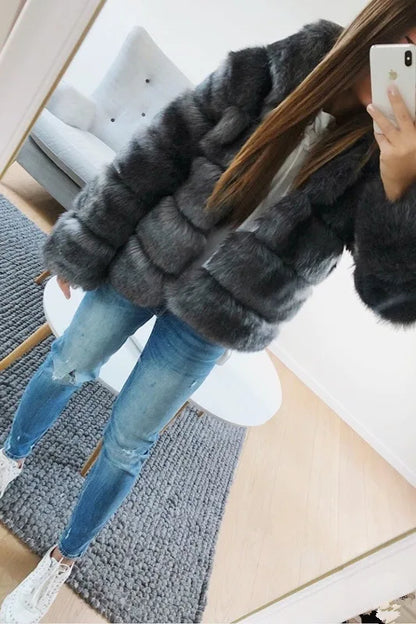 Fashion Winter Women Imitation Fox Fur Jacket Hooded Loose Long Sleeves Female Eco Fur Coat Patchwork Plush Thick Lady Fur Coat