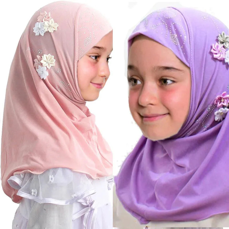 Kids Hijab for Girls Muslim Instant Hijabs Ready To Wear Islamic Shawls Turban with Flowers Scarfs Jersey Head Wrap (2-7 Y)