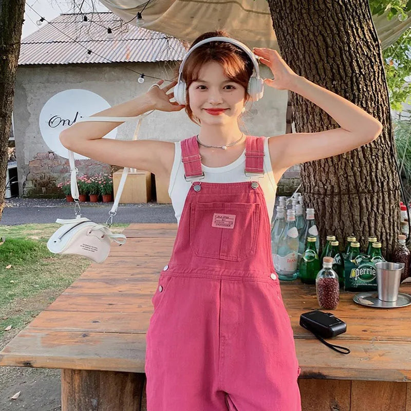 Vintage Pink Denim Overalls Adjustable Strap Wide Leg Jumpsuit Y2K Cute Campus Casual Pants