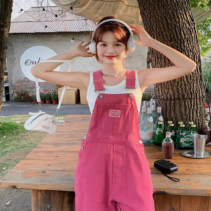Vintage Pink Denim Overalls Adjustable Strap Wide Leg Jumpsuit Y2K Cute Campus Casual Pants