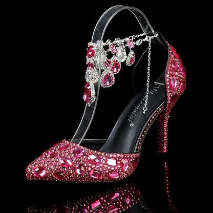2024 Autumn Slim Heels Shallow Mouth Luxury Blue Water Diamond Pearl Women Single Shoes 9CM Wedding Party Shoes Sandalias Mujer