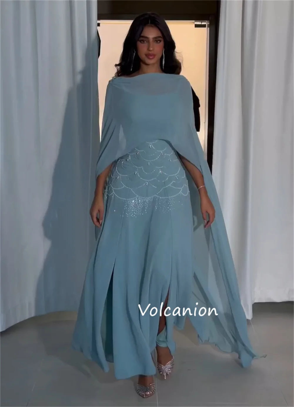 Customized Exquisite Chiffon Pleat Sequined Pattern A-line Square Neck Midi Dresses Bespoke Occasion High Quality
