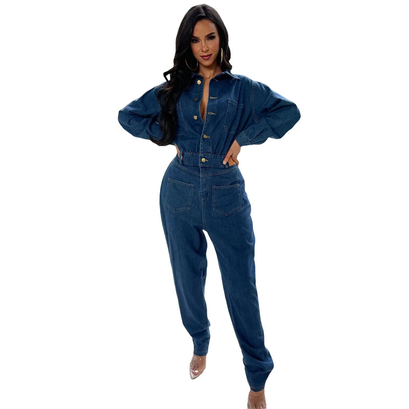 Streetwear Denim Jumpsuits Autumn Clothing Women Full Sleeve Button Up Jeans Long Rompers Playsuits One Pieces Overalls Outfits