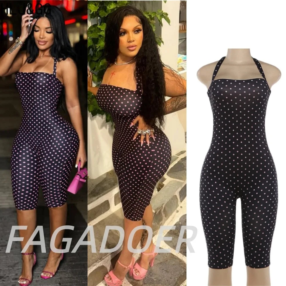 FAGADOER Fashion Trend Street Polka Dot Printing Rompers Women Halter Lace Up Bodycon Jumpsuits Sexy Female Playsuits 2026 New