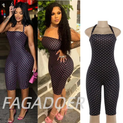FAGADOER Fashion Trend Street Polka Dot Printing Rompers Women Halter Lace Up Bodycon Jumpsuits Sexy Female Playsuits 2026 New