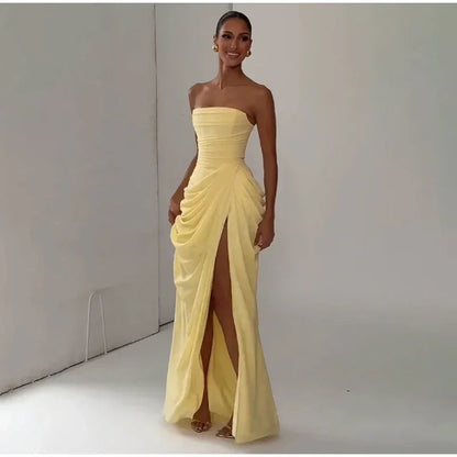 Solid Pleated Strapless Women's Dress Backless Off-shoulder High Waist Split Female Dresses 2026 Sexy Summer Evening Party Gown