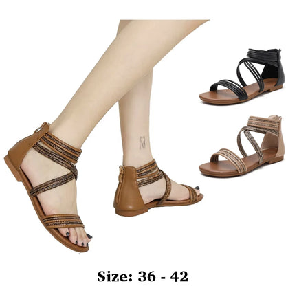 High quality leather flat sandals for women stripe zipper new summer 2026 36 42 open toe casual beach shoe black khaki brown