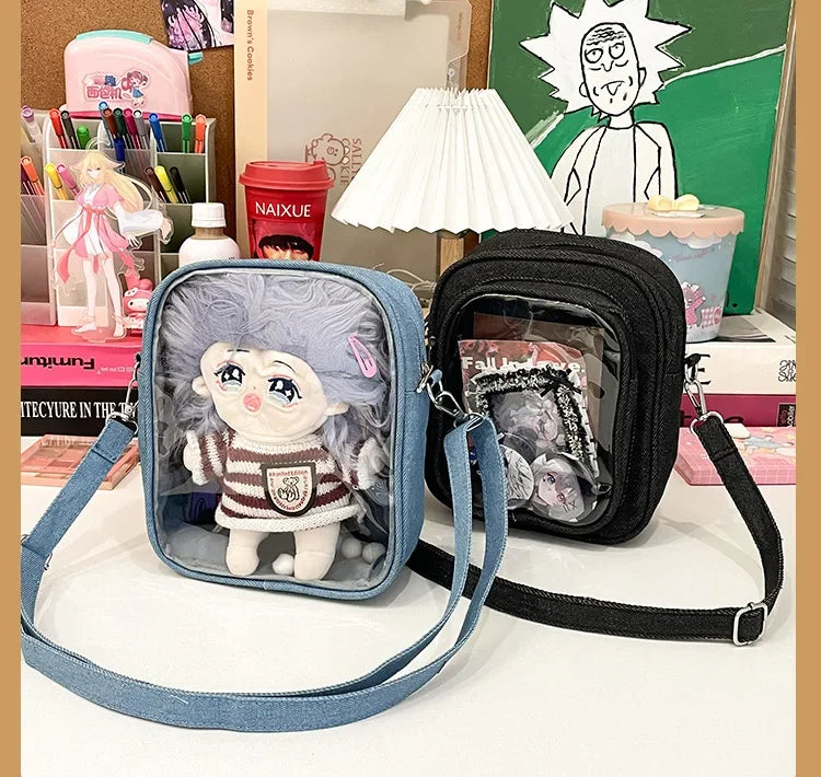 New Denim Ulzzang Ita Bags Female Transparent Badge Doll Show Crossbody Shoulder Bag Individuality Designer 2 Sides Bolso Mujer