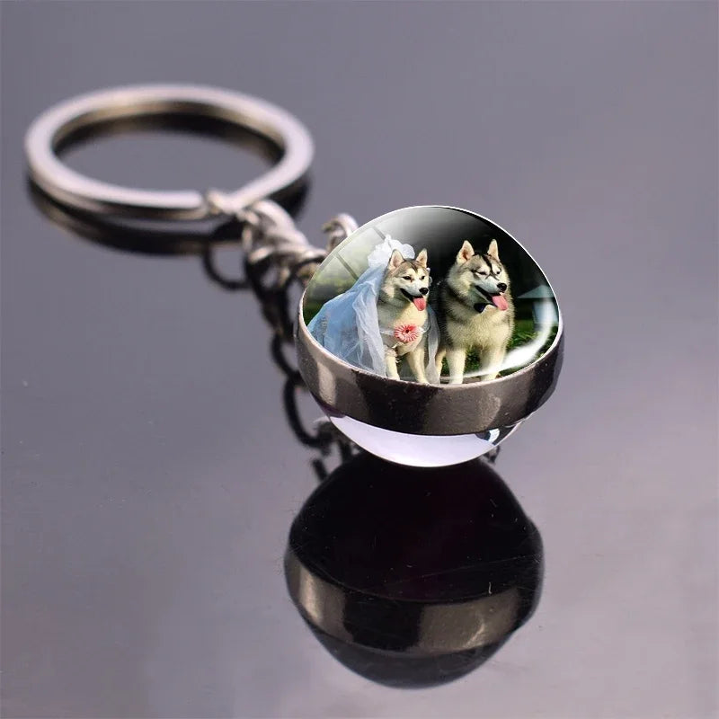 Animals Cute Keychain Cat Dog Bear Peacock Rabbit Squirrel Phoenix Double Side Glass Ball Pendant Keyring Jewelry Key Chain Gift