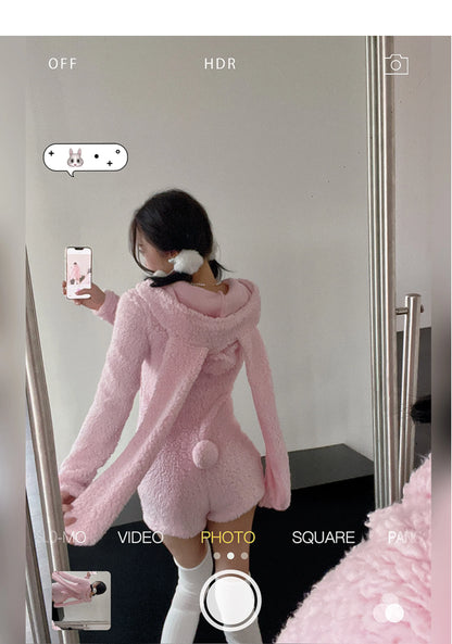 Pink Rabbit Hooded Fluffy Jumpsuits Sweet Zipper Long Sleeve Solid Color Rompers Flannel Onesie Shorts Pajamas Loungewear