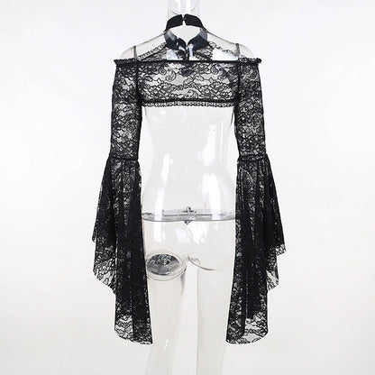 Gothic See Through Shrug Tops Grunge Aesthetic Black Flare Sleeve Crop Top Women Streetwear Vintage Punk Sexy Clothing