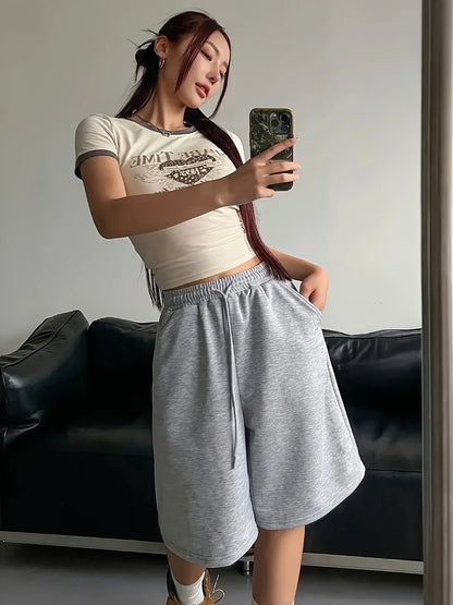 Women'S Casual Athletic Shorts Elastic Waist Wide Leg Straight Bermuda Shorts Mid-Length Loose Drawstring Shorts