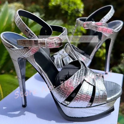 Platform Shiny Leather Cage Sandals Women Open Toe Ankle Strap High Heels Sandals Lady Stone Pattern Sexy Elegant Luxury Shoes
