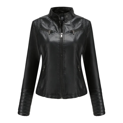 2026 Women's Bright Red V-neck Leather Jacket, Fashion Slim PU Coat, Black Short Outerwear Asia Size XS S M L XL XXL